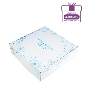biały karton fasonowy z nadrukiem “Śnieżynki” 300x300x80 mm