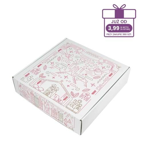 Karton fasonowy z nadrukiem świątecznym 300x300x80 mm “Pocztówka” biały - 40 szt.