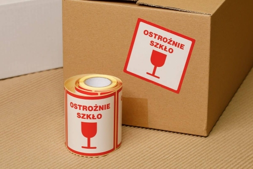 Etykieta ostrzegawcza "Ostrożnie szkło" - samoprzylepna - 100 szt.