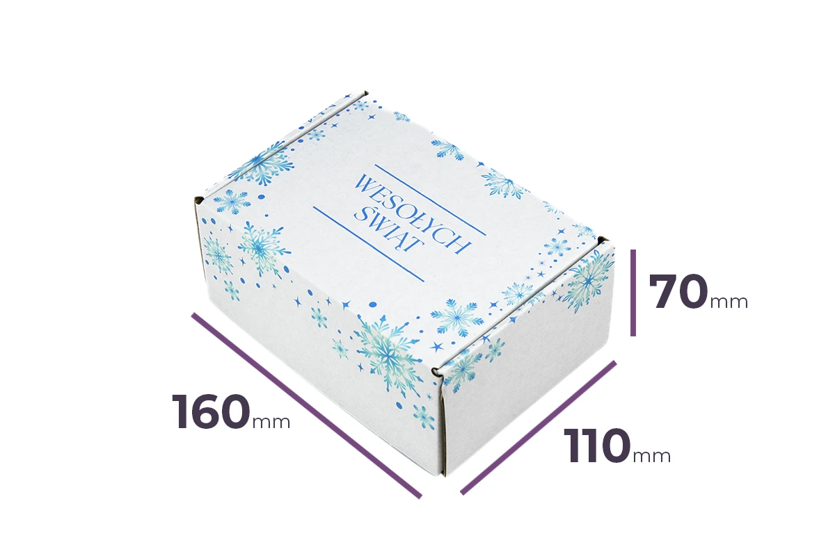 świąteczny karton fasonowy biały z nadrukiem Śnieżynki