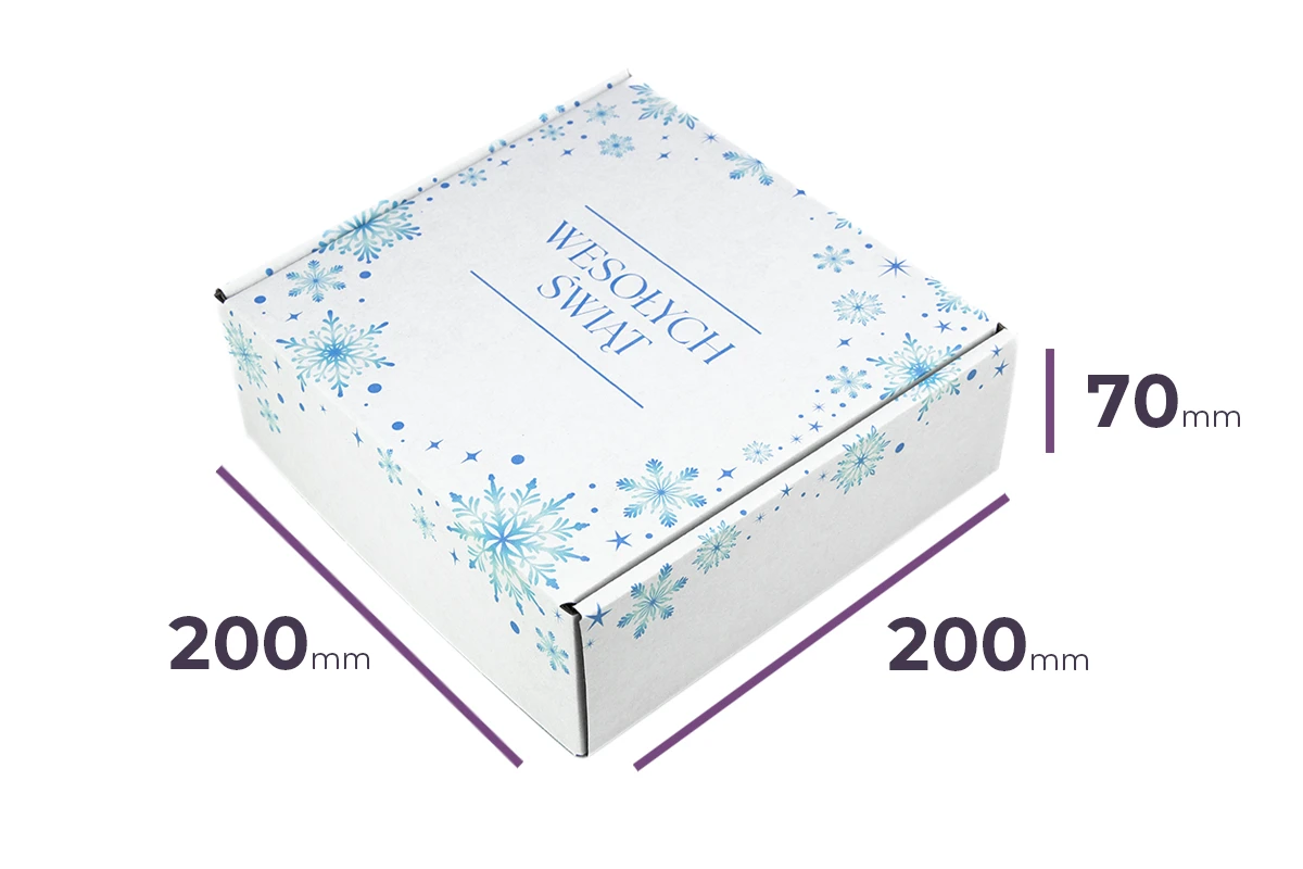 świąteczny karton fasonowy z nadrukiem 200x200x70 Śnieżynki biały