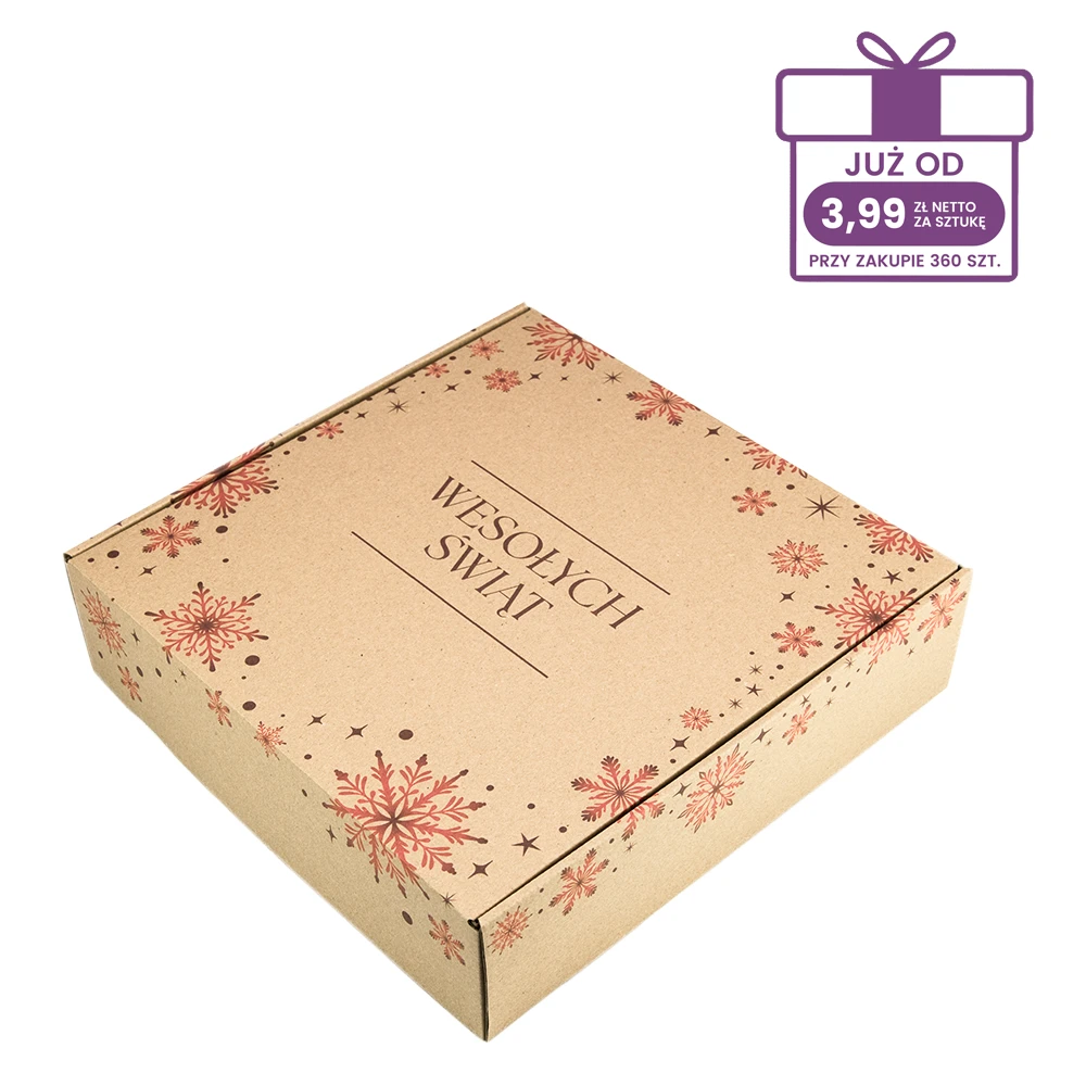 szary karton fasonowy z nadrukiem “Śnieżynki” 300x300x80 mm