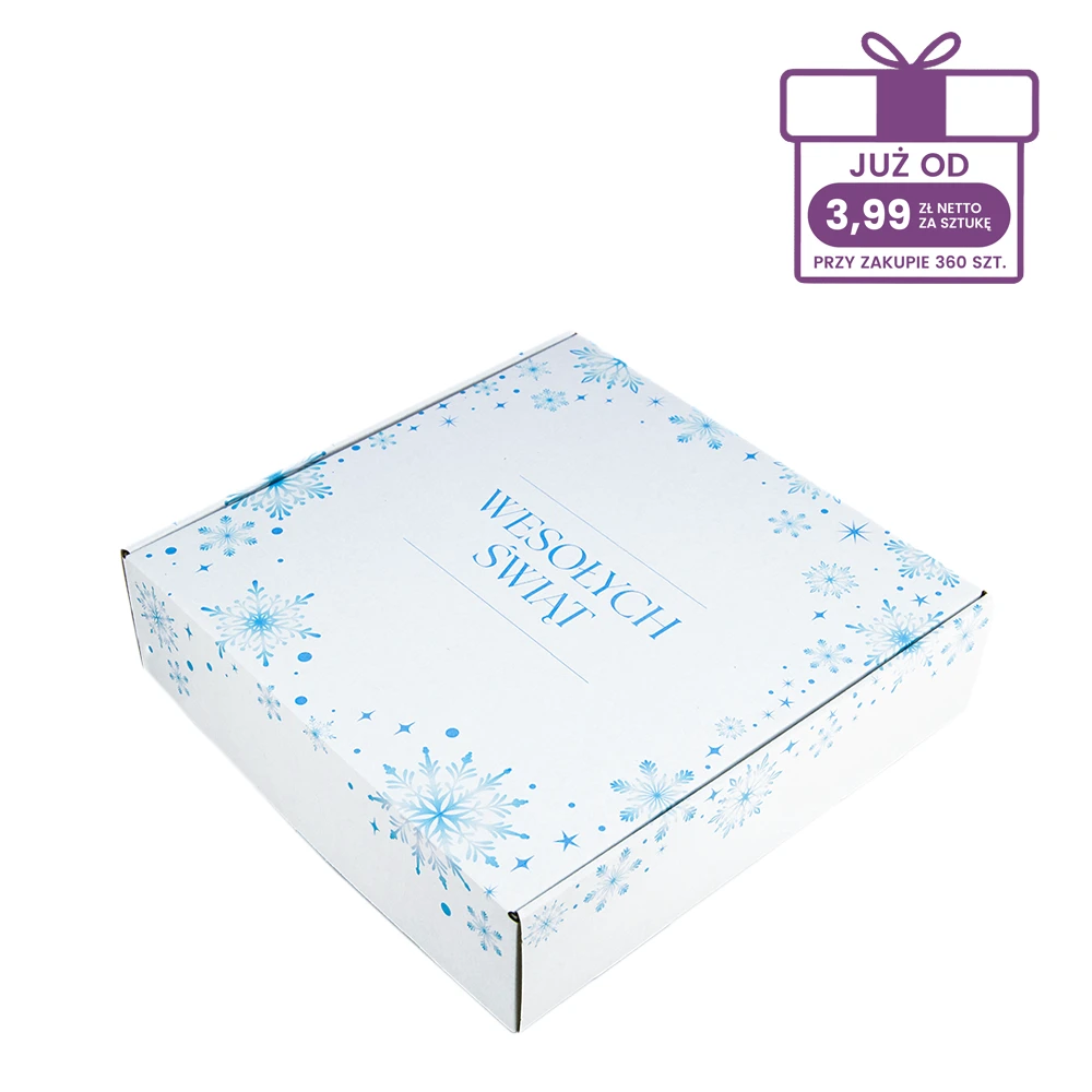 biały karton fasonowy z nadrukiem “Śnieżynki” 300x300x80 mm